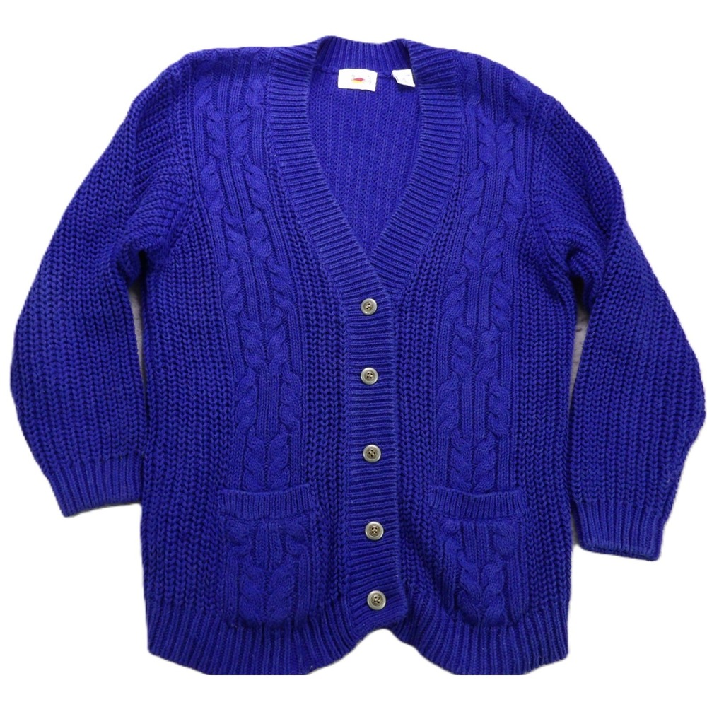 VTG Marsh Landing Cable Knit Cardigan Sweater Ramie Cotton Women Medium Blue 90s